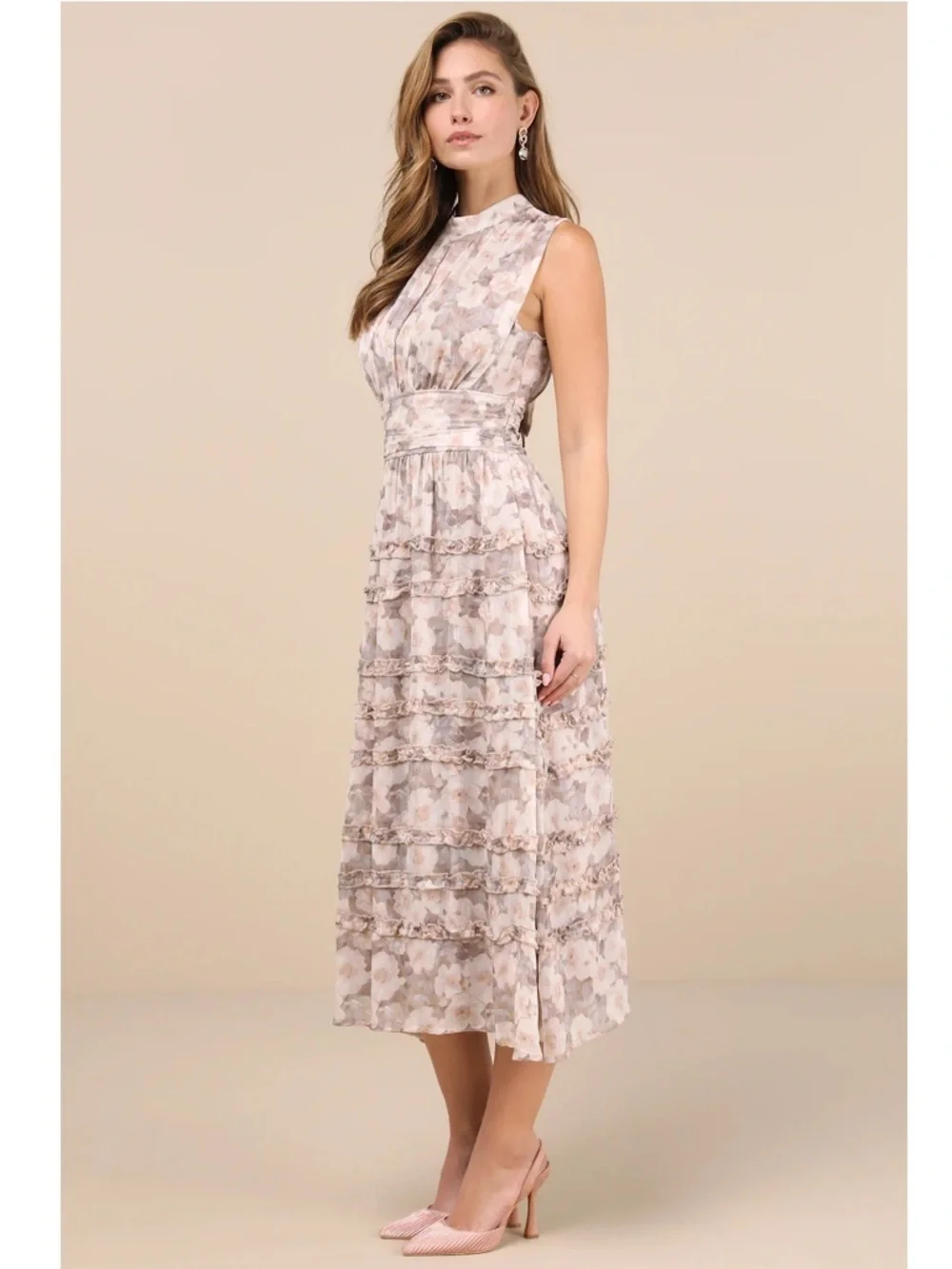 NWT Lulu’s Happily Sweet Beige Floral Mock Neck Backless Midi Dress Large Chic - Picture 4 of 10
